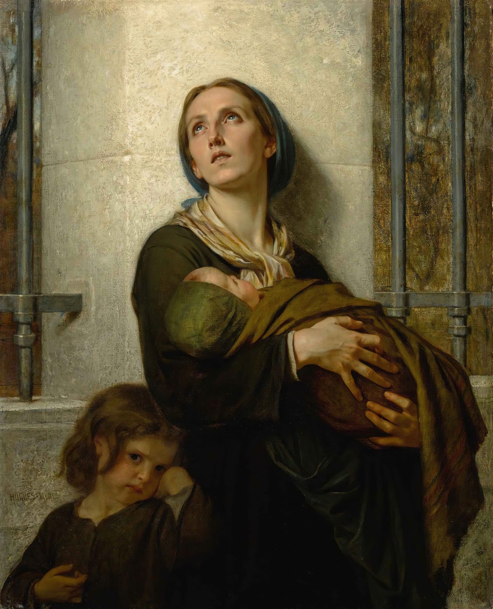 Uma pintura a óleo de Hugues Merle, 'A Mãe e Seus Filhos', mostrando uma mãe com expressão de súplica olhando para cima, segurando um bebê nos braços, enquanto uma criança pequena olha para o observador com melancolia. A cena é dramática e emocional, com tons terrosos e luz suave.