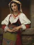 Retrato de uma jovem italiana de cabelos escuros e olhar melancólico, vestindo trajes tradicionais com blusa branca, colete escuro, saia verde e detalhes em vermelho, apoiada em uma estrutura de pedra. Atribuído a Hugues Merle.