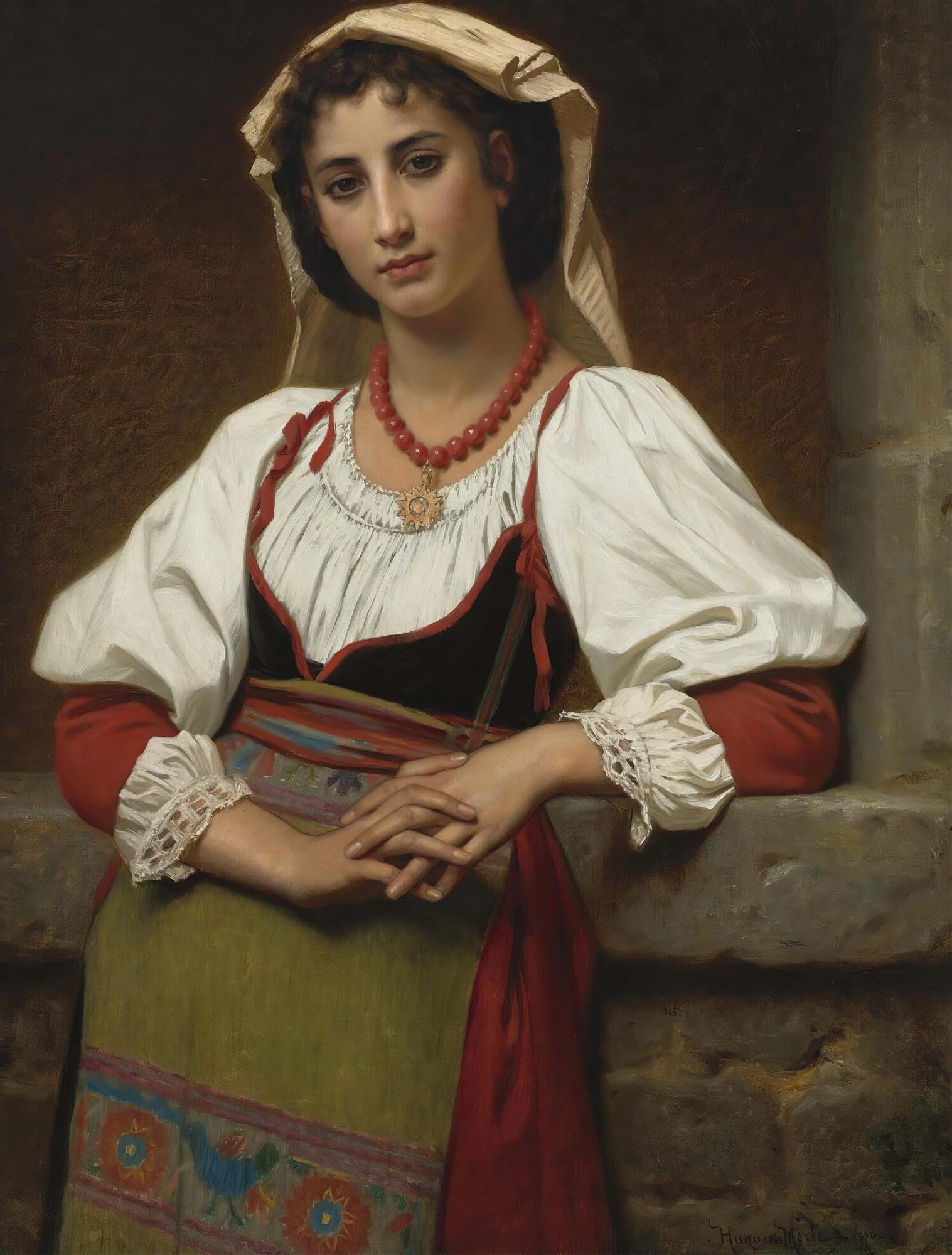 Retrato de uma jovem italiana de cabelos escuros e olhar melancólico, vestindo trajes tradicionais com blusa branca, colete escuro, saia verde e detalhes em vermelho, apoiada em uma estrutura de pedra. Atribuído a Hugues Merle.