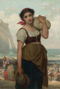 Quadro decorativo mostrando uma jovem mulher com semblante melancólico, vestindo roupas de pescadora, carregando um saco no ombro, com o mar e falésias ao fundo. A mulher tem cabelos escuros e um lenço vermelho na cabeça. Outras figuras femininas trabalham na praia ao fundo. A pintura é assinada por Hugues Merle.