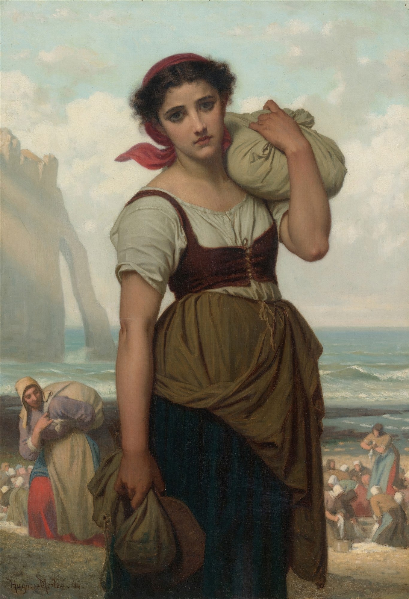 Quadro decorativo mostrando uma jovem mulher com semblante melancólico, vestindo roupas de pescadora, carregando um saco no ombro, com o mar e falésias ao fundo. A mulher tem cabelos escuros e um lenço vermelho na cabeça. Outras figuras femininas trabalham na praia ao fundo. A pintura é assinada por Hugues Merle.