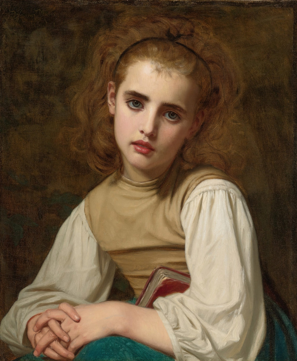 Retrato de uma jovem com cabelos ruivos e olhos azuis, segurando um livro, pintura de Hugues Merle.
