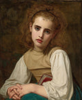 Retrato de uma jovem com cabelos ruivos e olhos azuis, segurando um livro, pintura de Hugues Merle.