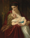 Pintura a óleo de Hugues Merle retratando uma mulher jovem de cabelo escuro e vestido vermelho abraçando uma criança loira vestida de branco com uma fita azul. Ambos se olham com carinho e sorrisos leves. A mulher está sentada em uma poltrona ornamentada.
