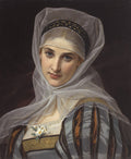 Retrato de uma jovem mulher com véu branco transparente sobre a cabeça e uma faixa escura na testa, vestindo um corpete cinza-azulado com detalhes marrons e dourados, e pequenas flores brancas no decote. O fundo é escuro.