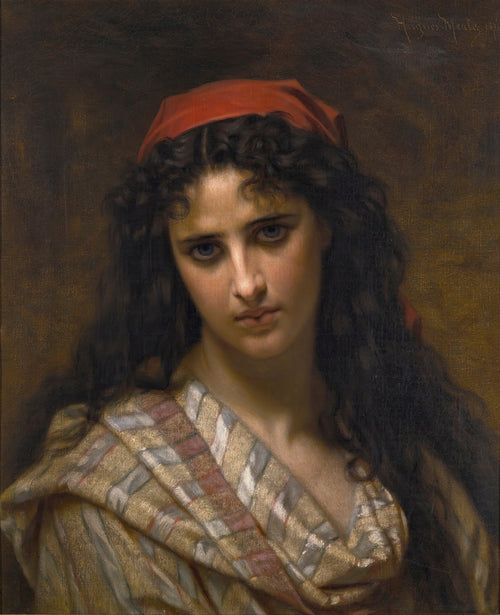 Retrato de uma jovem mulher com cabelos escuros encaracolados, olhos azuis profundos, um lenço vermelho na cabeça e um xale estampado em tons de bege, vermelho e branco. Fundo escuro. Obra atribuída a Hugues Merle.
