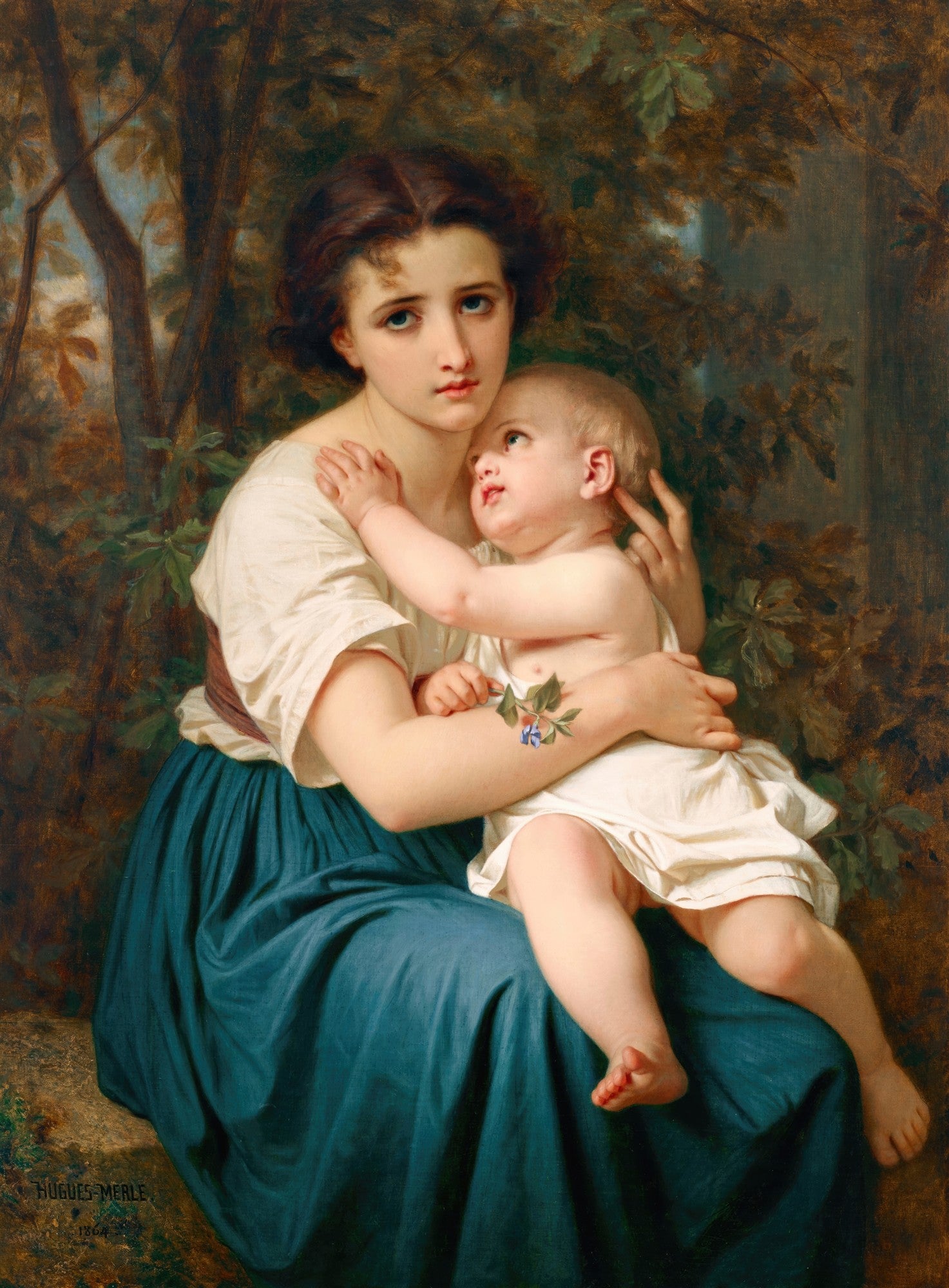 Quadro decorativo com pintura a óleo de Hugues Merle, 'A Mãe e o Filho', mostrando uma jovem mulher de vestido azul e blusa branca segurando um bebê no colo, em um cenário de folhagem verde escura.