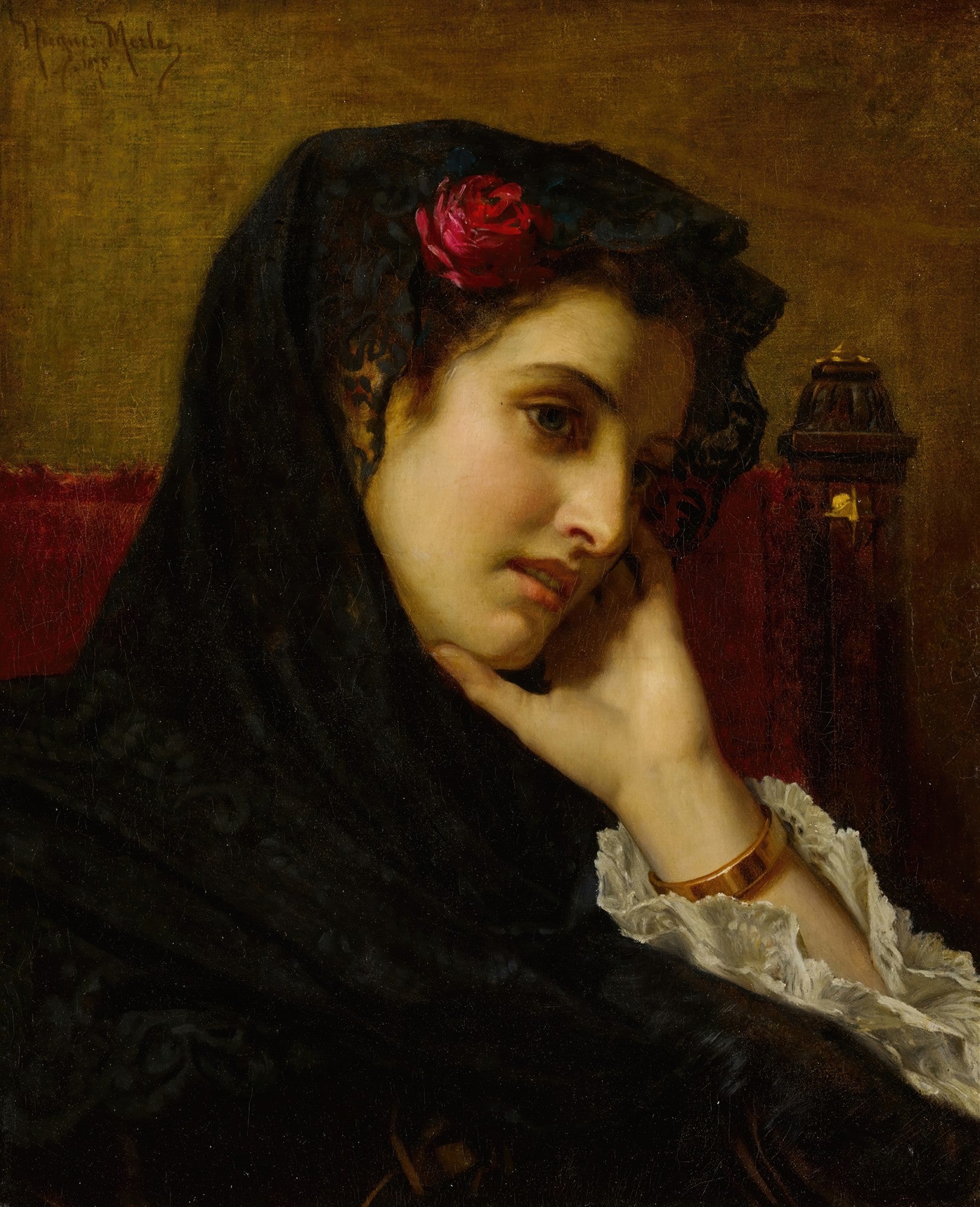 Retrato de mulher jovem com véu preto e rosa vermelha no cabelo, com expressão pensativa, pintada por Hugues Merle