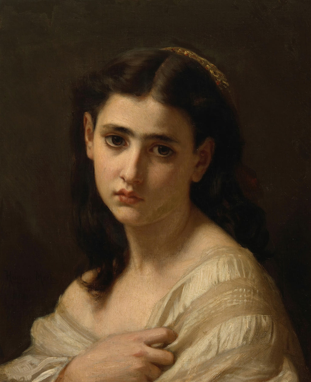 Retrato de mulher jovem de Hugues Merle, com olhar melancólico e expressão suplicante, vestindo um tecido claro e com uma tiara dourada nos cabelos escuros. Fundo escuro.