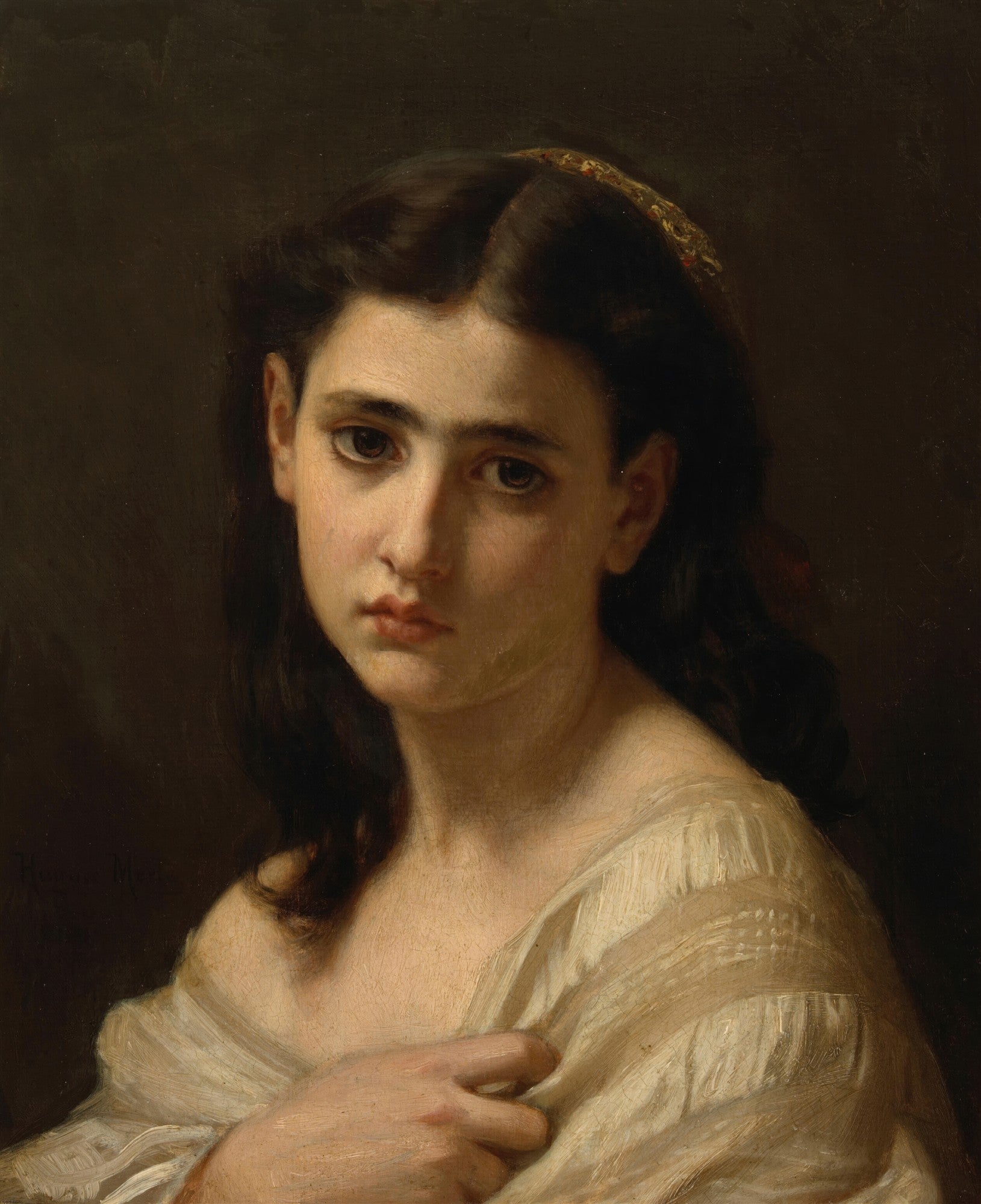 Retrato de mulher jovem de Hugues Merle, com olhar melancólico e expressão suplicante, vestindo um tecido claro e com uma tiara dourada nos cabelos escuros. Fundo escuro.