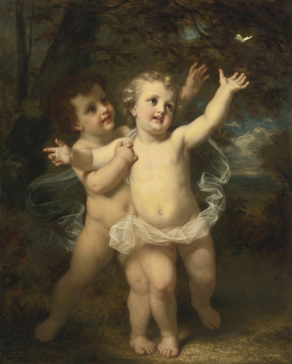 Pintura a óleo de Hugues Merle, 'A Borboleta', mostrando duas crianças pequenas e nuas com um tecido esvoaçante, alcançando uma borboleta branca no ar em um ambiente florestal escuro.