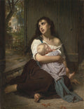 Quadro 'A Caridade' de Hugues Merle, retratando uma mulher jovem com expressão melancólica, segurando um bebê, ambos descalços, com uma cena de procissão ao fundo. As cores são sóbrias e a iluminação dramática, destacando a textura da pele e a roupa simples.