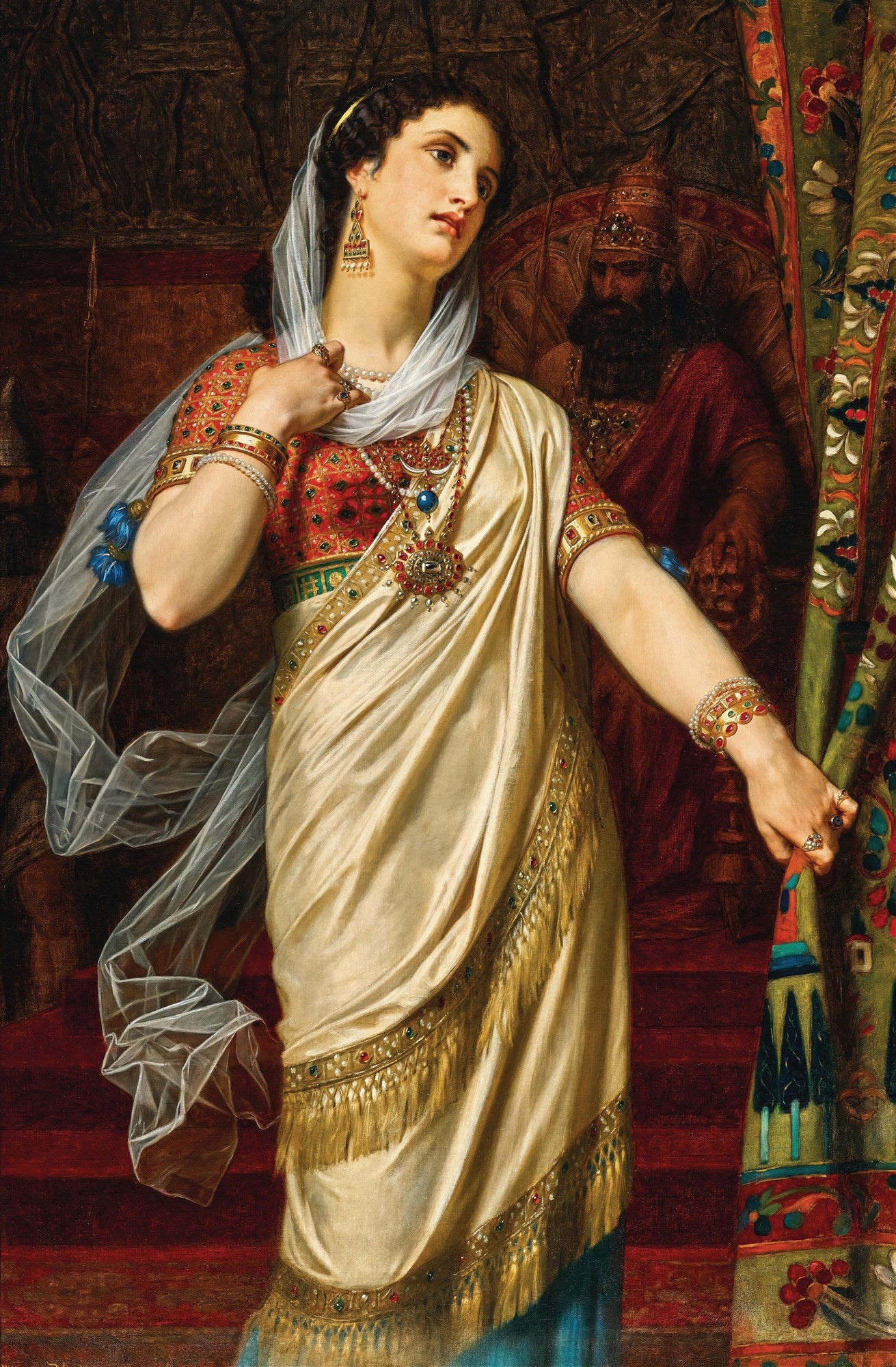 Pintura a óleo de Hugues Merle retratando Ester em vestes suntuosas diante do Rei Assuero, com expressões dramáticas.