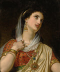 Retrato de uma mulher jovem, de pele clara e cabelos escuros, com um véu branco translúcido sobre a cabeça. Ela usa brincos pendentes elaborados, um colar de pérolas, braceletes e anéis, e um vestido vermelho com detalhes dourados e um manto bege. A expressão é de introspecção, com os olhos azuis levemente erguidos para cima, sobre um fundo escuro. A imagem é uma pintura a óleo de Hugues Merle.
