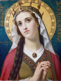 Pintura de Hugues Merle, "Santa Elisabeth da Hungria". Retrato de uma mulher jovem com coroa dourada e véu branco, mãos em prece, olhar devoto. Fundo com mosaico azul e auréola dourada. Detalhes de joias na coroa e na vestimenta. Estilo clássico.