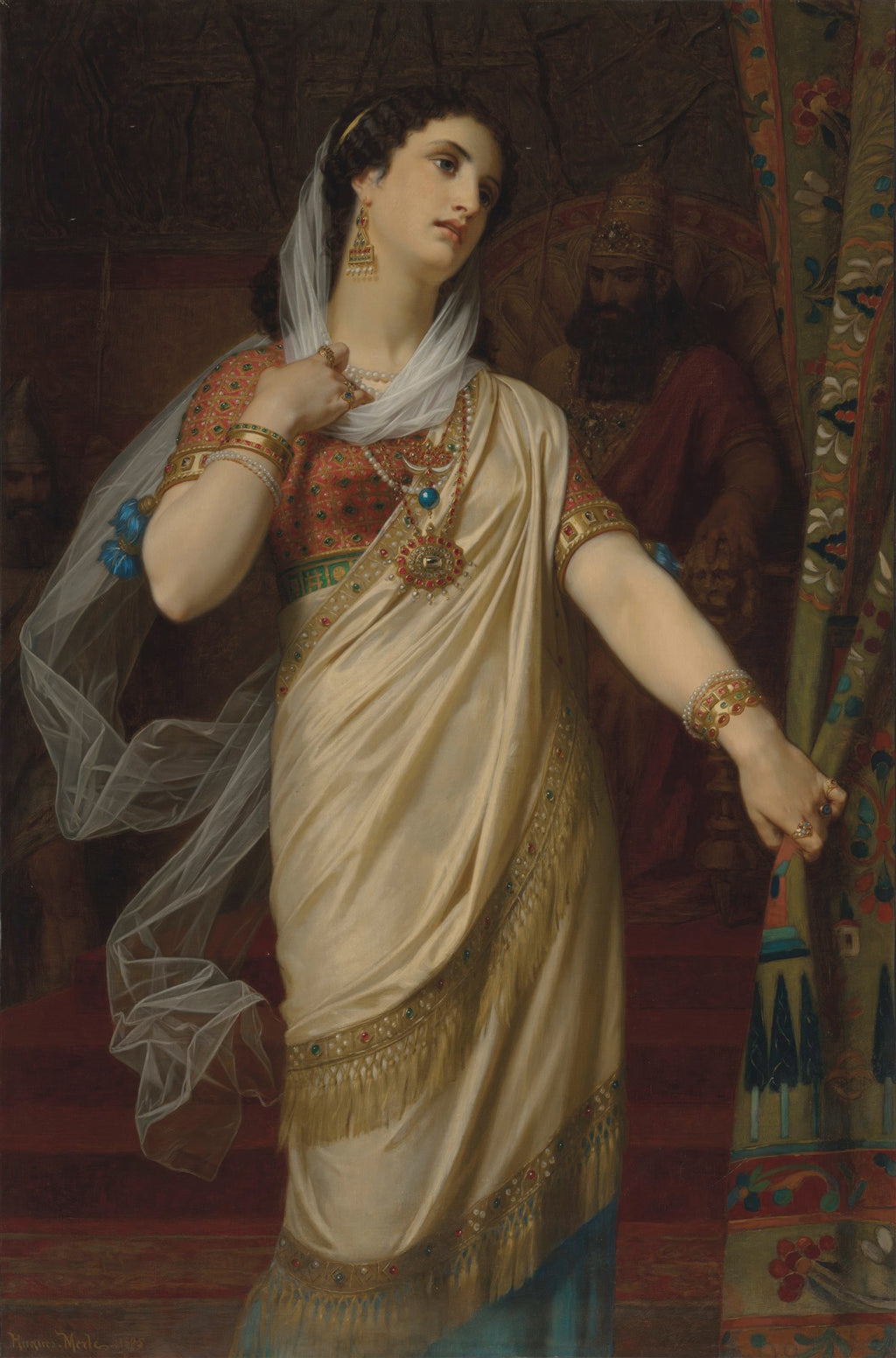 Pintura a óleo de Hugues Merle de uma mulher jovem, elegantemente vestida com joias e véu, olhando para cima e para a direita, com um homem barbudo ao fundo. A obra é "Ester".