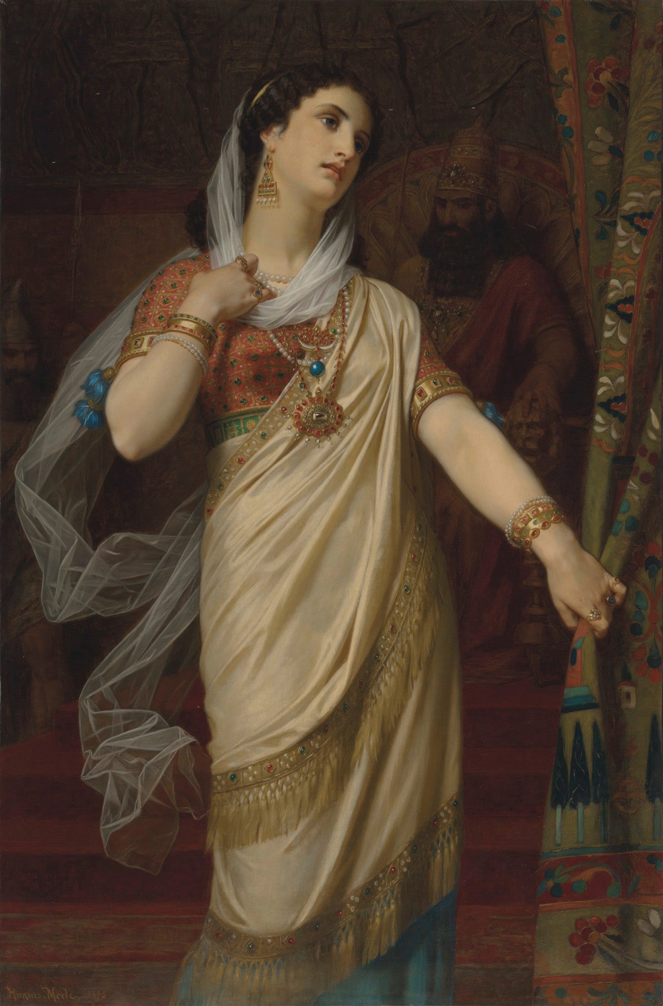 Pintura a óleo de Hugues Merle de uma mulher jovem, elegantemente vestida com joias e véu, olhando para cima e para a direita, com um homem barbudo ao fundo. A obra é "Ester".