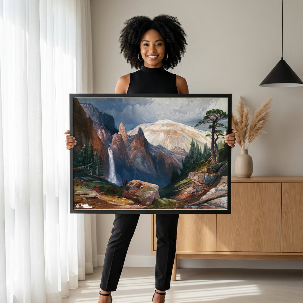 Quadro Decorativo Tower Falls e Sulphur Mountain - T. Moran com modelo em ambiente