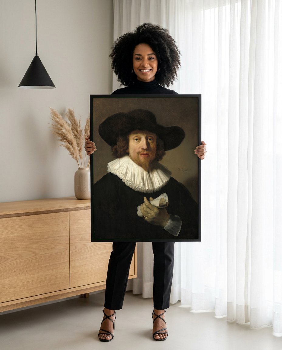 Quadro Decorativo Retrato de Maurits Huygens - Rembrandt com modelo em ambiente