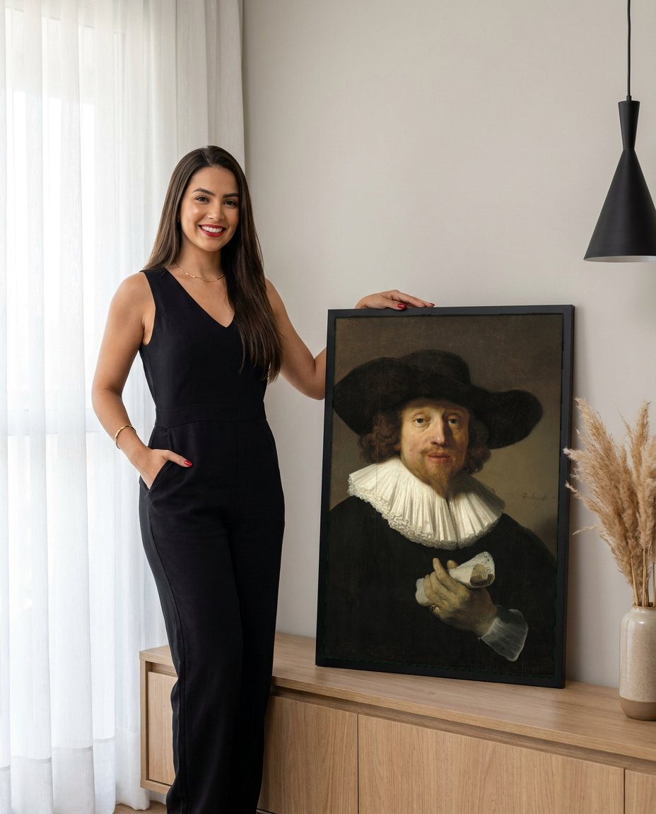 Quadro Decorativo Retrato de Maurits Huygens - Rembrandt com modelo em ambiente