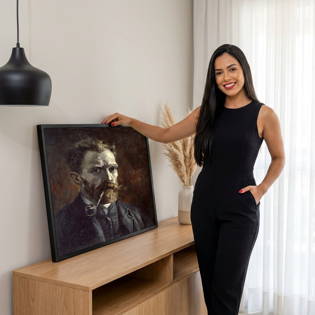 Quadro Decorativo Autorretrato com Cachimbo - Van Gogh | modelo apresentando o quadro emoldurado