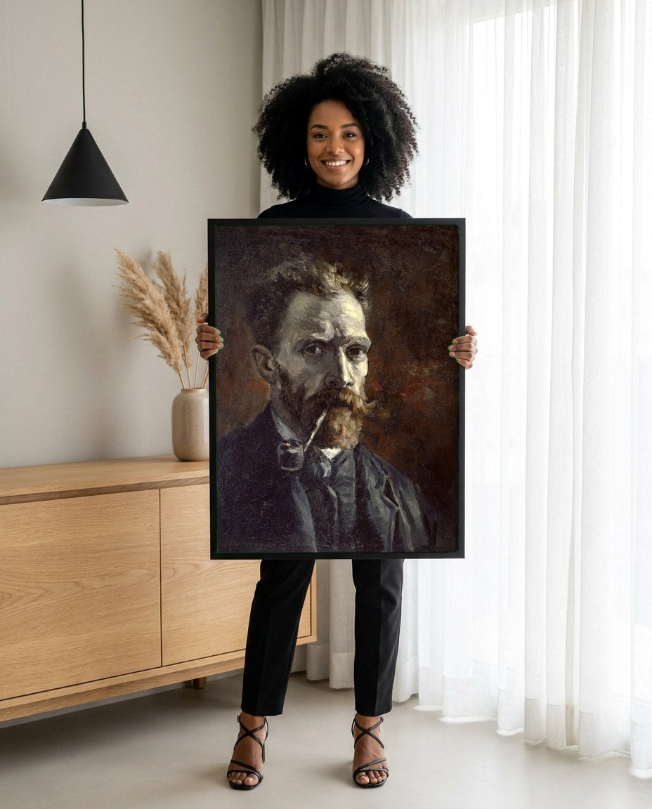 Quadro Decorativo Autorretrato com Cachimbo - Van Gogh | modelo apresentando o quadro emoldurado
