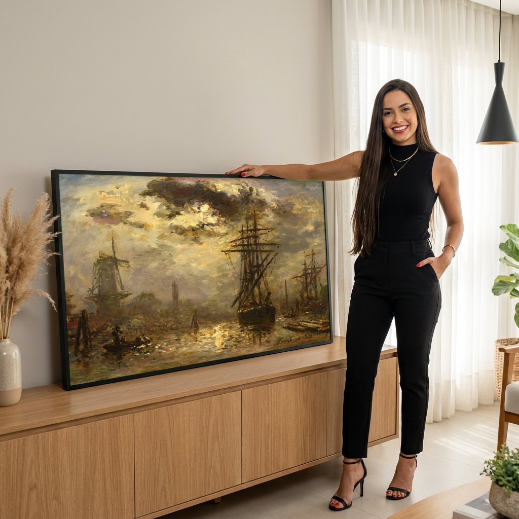 Quadro Decorativo Porto Holandês ao Anoitecer - Jongkind | modelo apresentando o quadro emoldurado