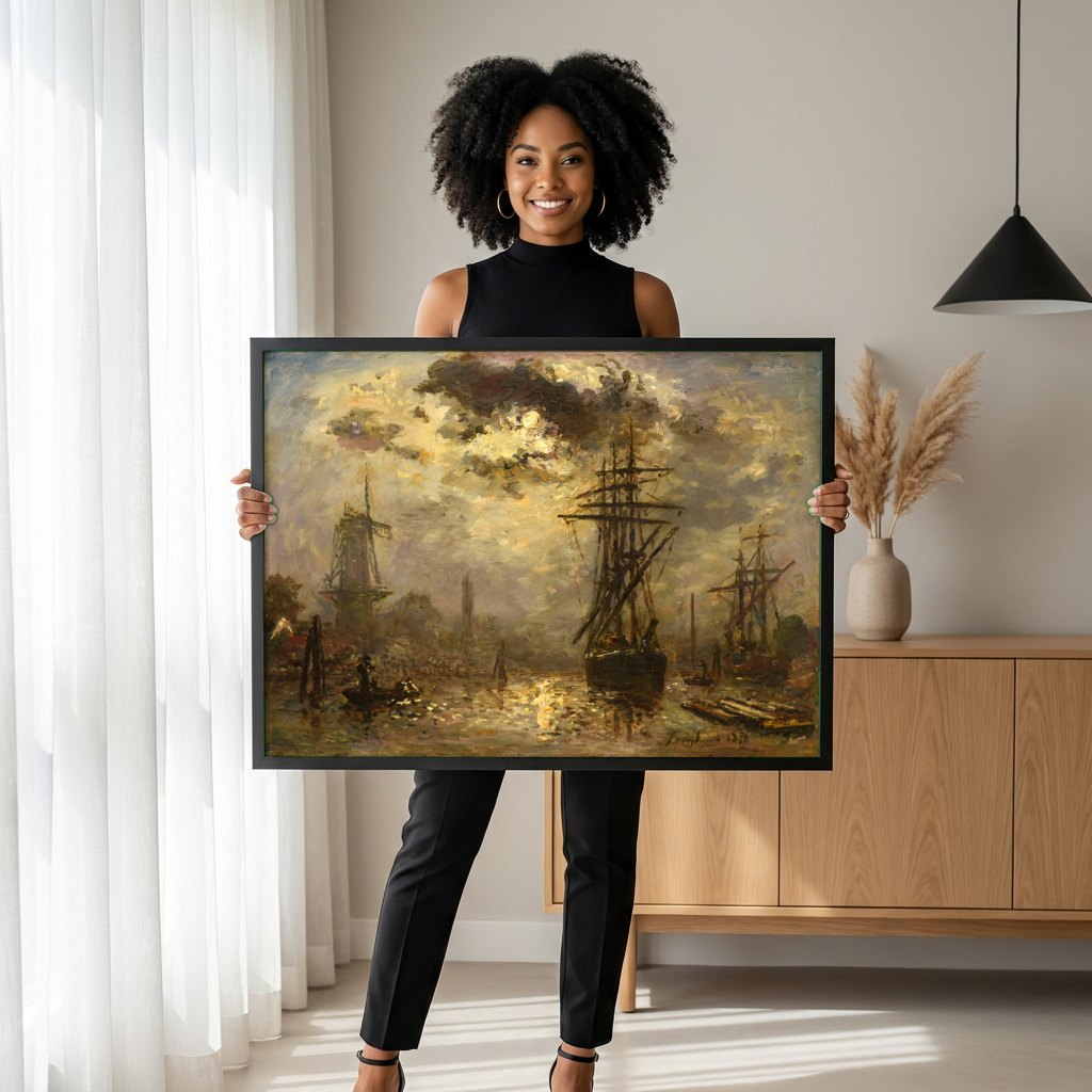Quadro Decorativo Porto Holandês ao Anoitecer - Jongkind | modelo apresentando o quadro emoldurado