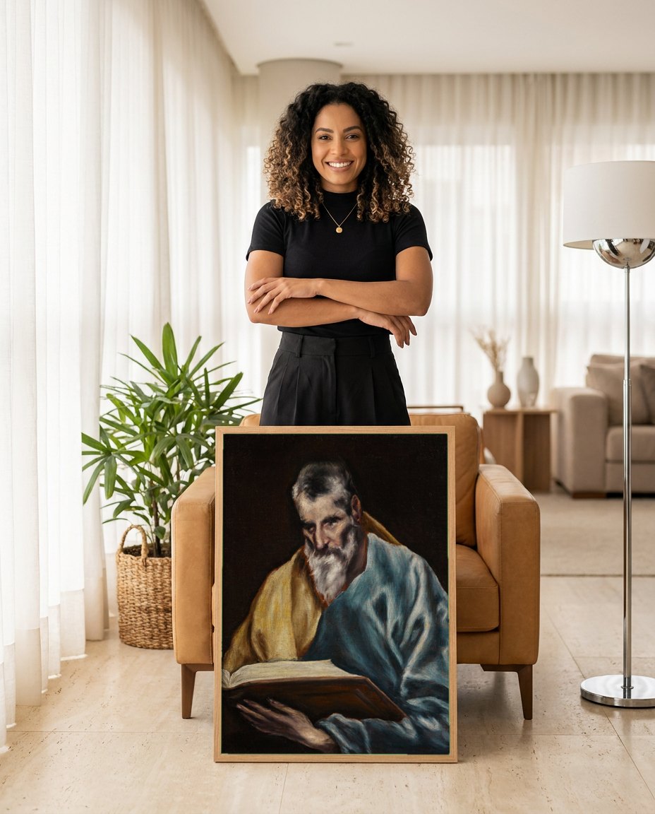 Quadro Decorativo São Jerônimo como Penitente - El Greco | modelo apresentando o quadro emoldurado