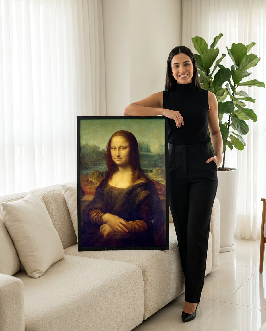 Quadro Decorativo Mona Lisa - Da Vinci | modelo apresentando o quadro emoldurado