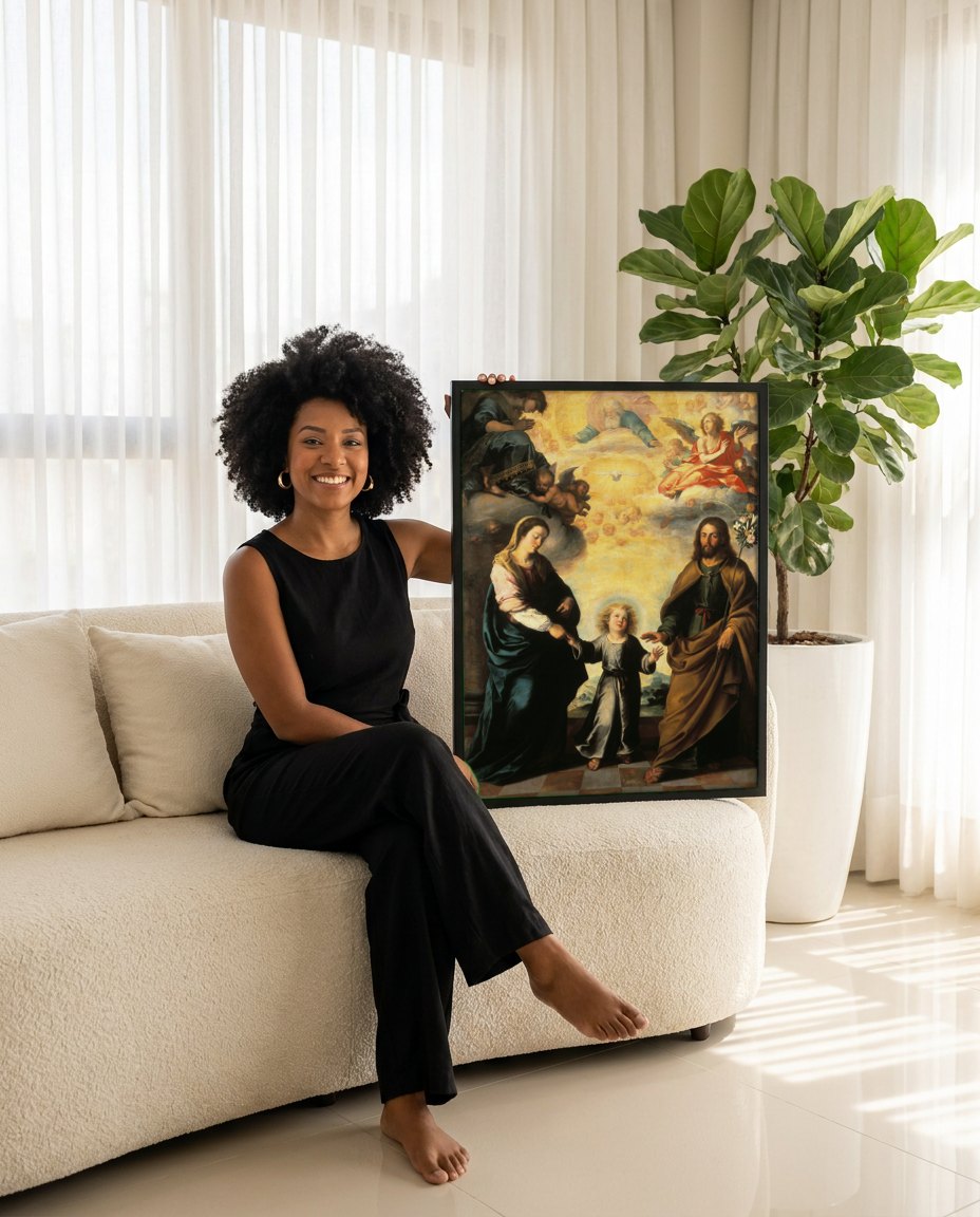 Quadro Decorativo A Sagrada Família - Murillo | modelo apresentando o quadro emoldurado