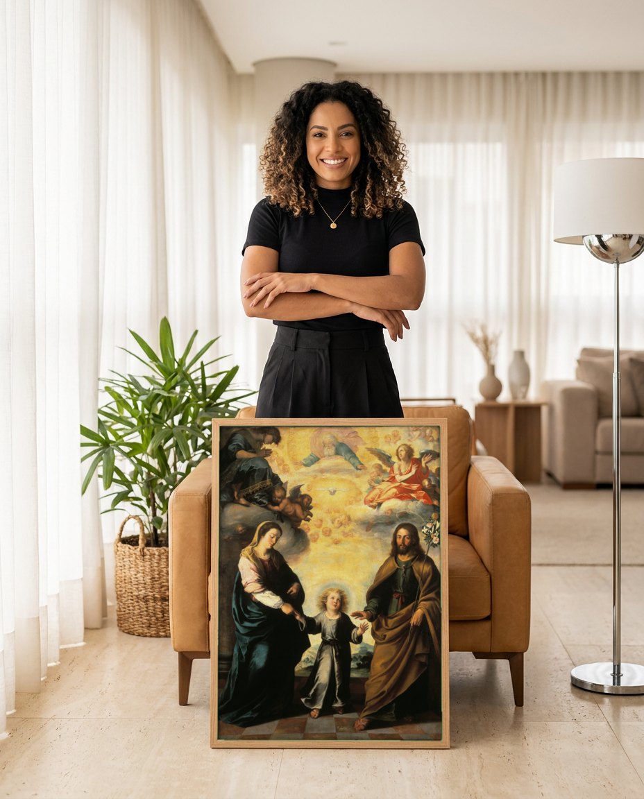 Quadro Decorativo A Sagrada Família - Murillo | modelo apresentando o quadro emoldurado
