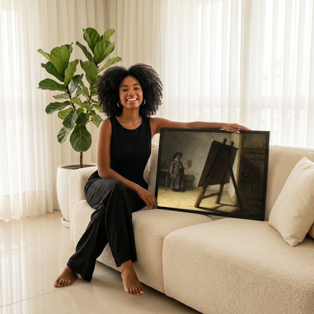 Quadro Decorativo O Artista em Seu Ateliê - Rembrandt | modelo apresentando o quadro emoldurado