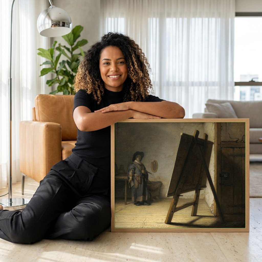 Quadro Decorativo O Artista em Seu Ateliê - Rembrandt | modelo apresentando o quadro emoldurado