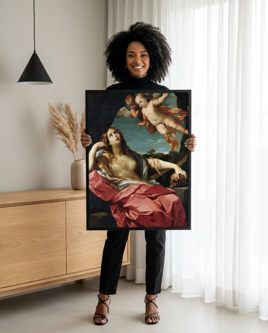 Quadro Decorativo Madalena Penitente - Guido Reni | modelo apresentando o quadro emoldurado