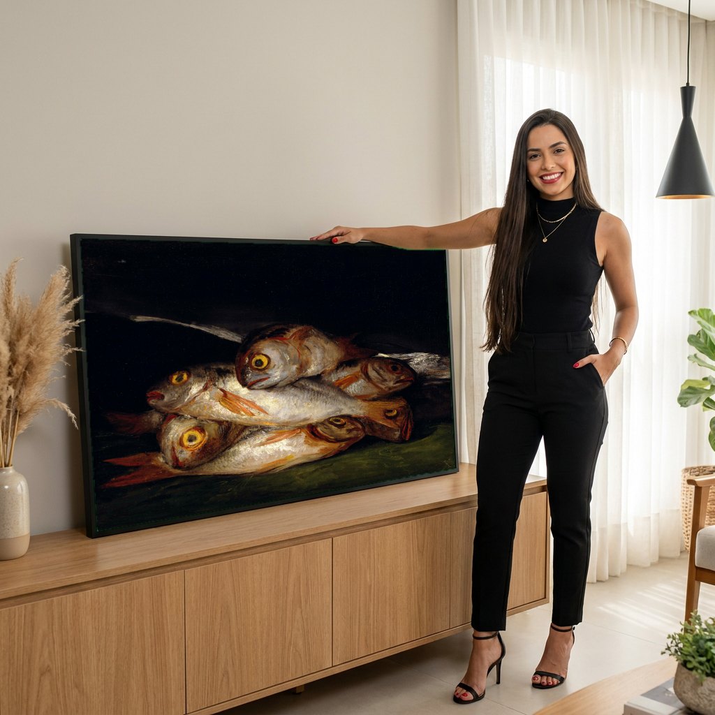 Quadro Decorativo 'Natureza-morta com Peixes' - Goya | modelo apresentando o quadro emoldurado