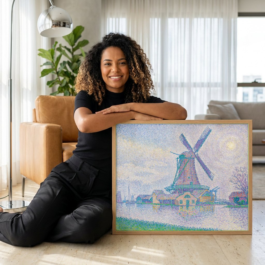 Quadro Decorativo Moinho ao Luar - Paul Signac | modelo apresentando o quadro emoldurado