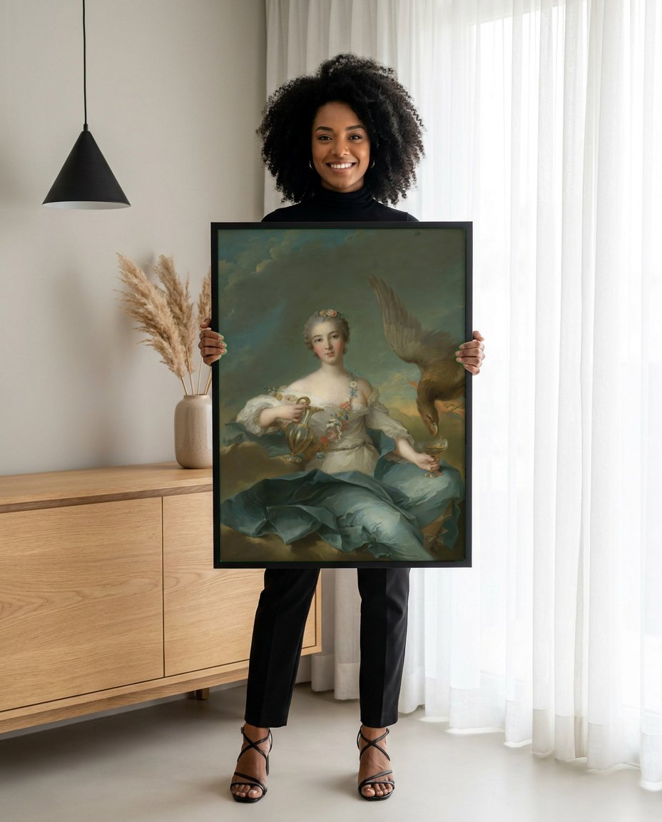 Quadro Decorativo Hebe e a Águia de Júpiter - Nattier | modelo apresentando o quadro emoldurado