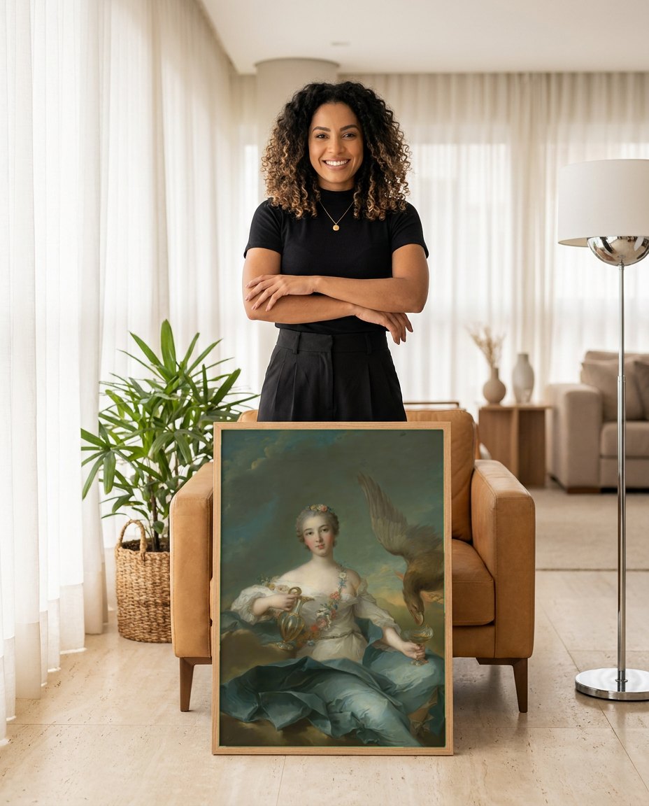 Quadro Decorativo Hebe e a Águia de Júpiter - Nattier | modelo apresentando o quadro emoldurado