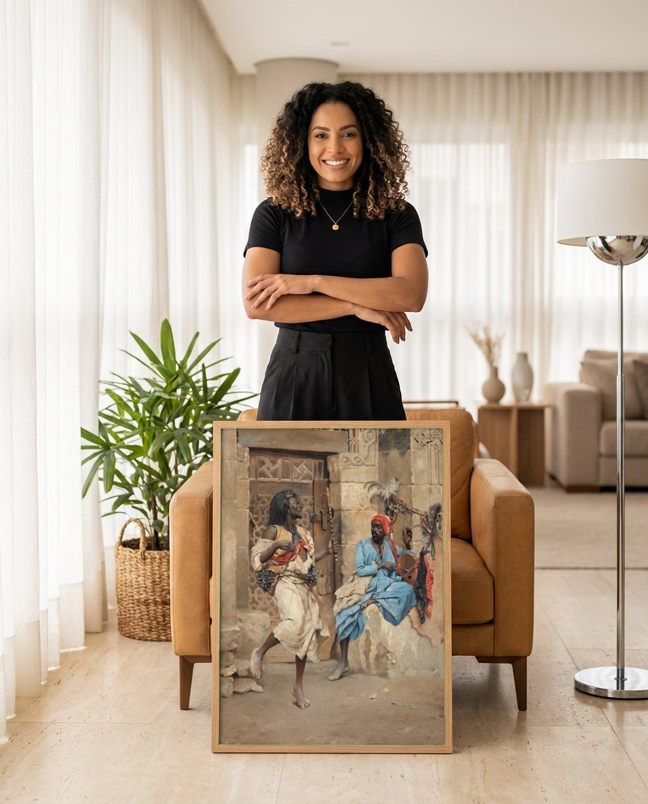 Quadro Decorativo Músicos Errantes - Ludwig Deutsch | modelo apresentando o quadro emoldurado