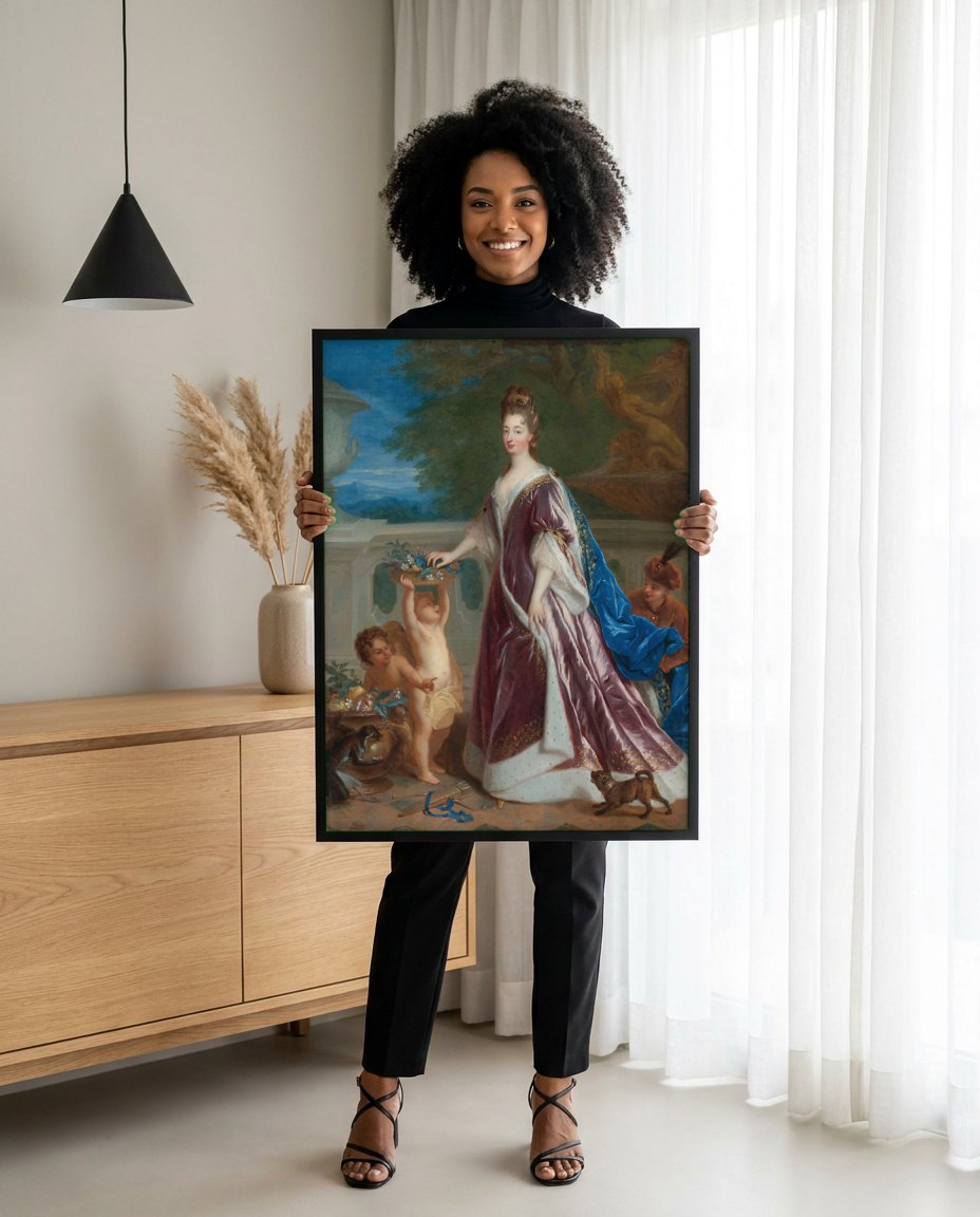 Quadro Decorativo Retrato Real com Putti - Jean François de Troy | modelo apresentando o quadro emoldurado