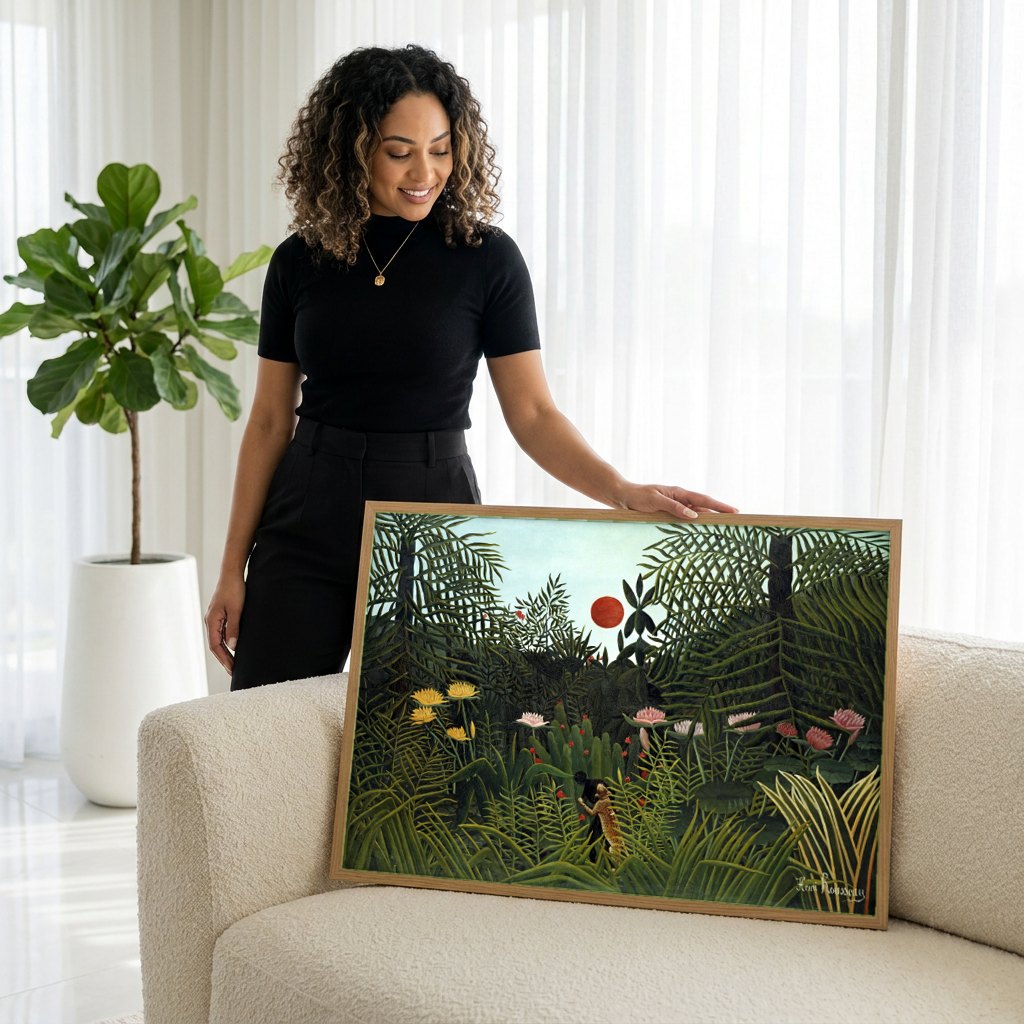 Quadro Decorativo A Selva Tropical - Henri Rousseau | modelo apresentando o quadro emoldurado