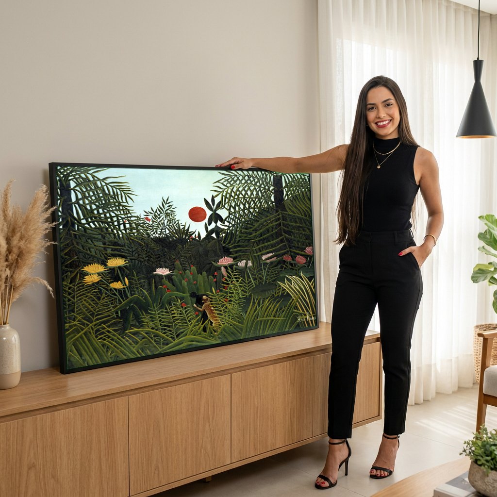 Quadro Decorativo A Selva Tropical - Henri Rousseau | modelo apresentando o quadro emoldurado