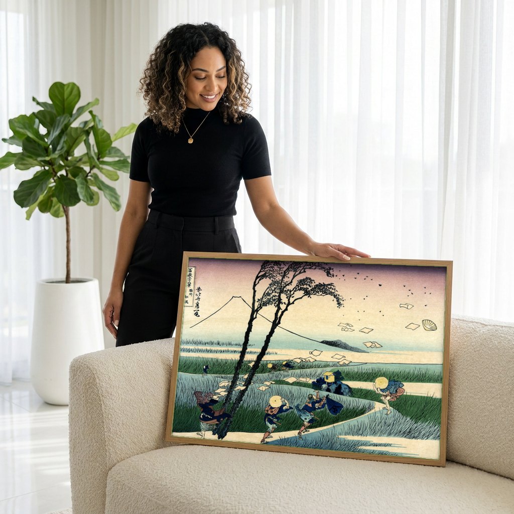 Quadro Decorativo A Tempestade - Hokusai | modelo apresentando o quadro emoldurado