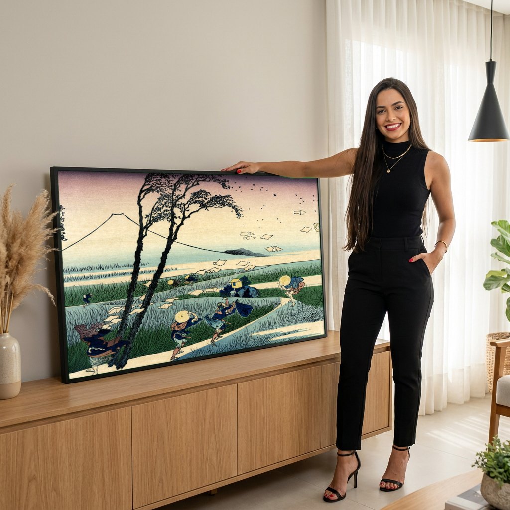 Quadro Decorativo A Tempestade - Hokusai | modelo apresentando o quadro emoldurado