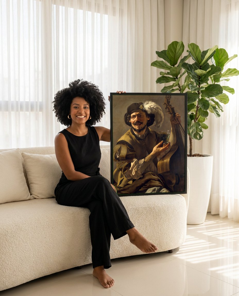 Quadro Decorativo O Cantor Alegre - Hendrick ter Brugghen | modelo apresentando o quadro emoldurado