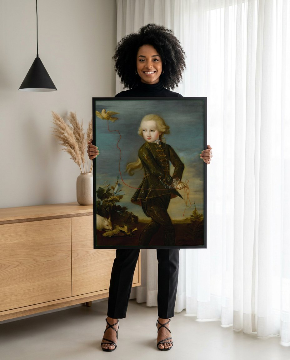 Quadro Decorativo O Menino com o Passarinho - Francesco Guardi | modelo apresentando o quadro emoldurado