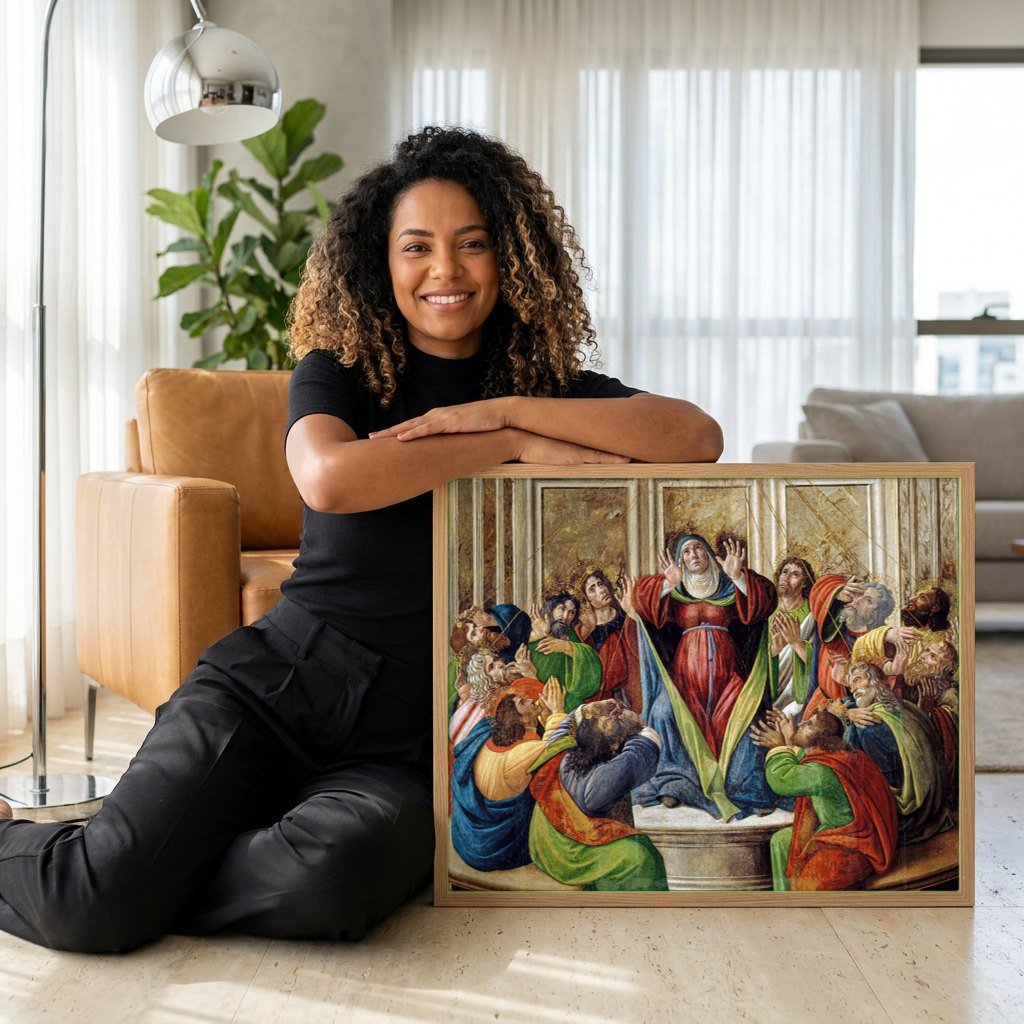 Quadro Decorativo Pentecostes - Botticelli | modelo apresentando o quadro emoldurado