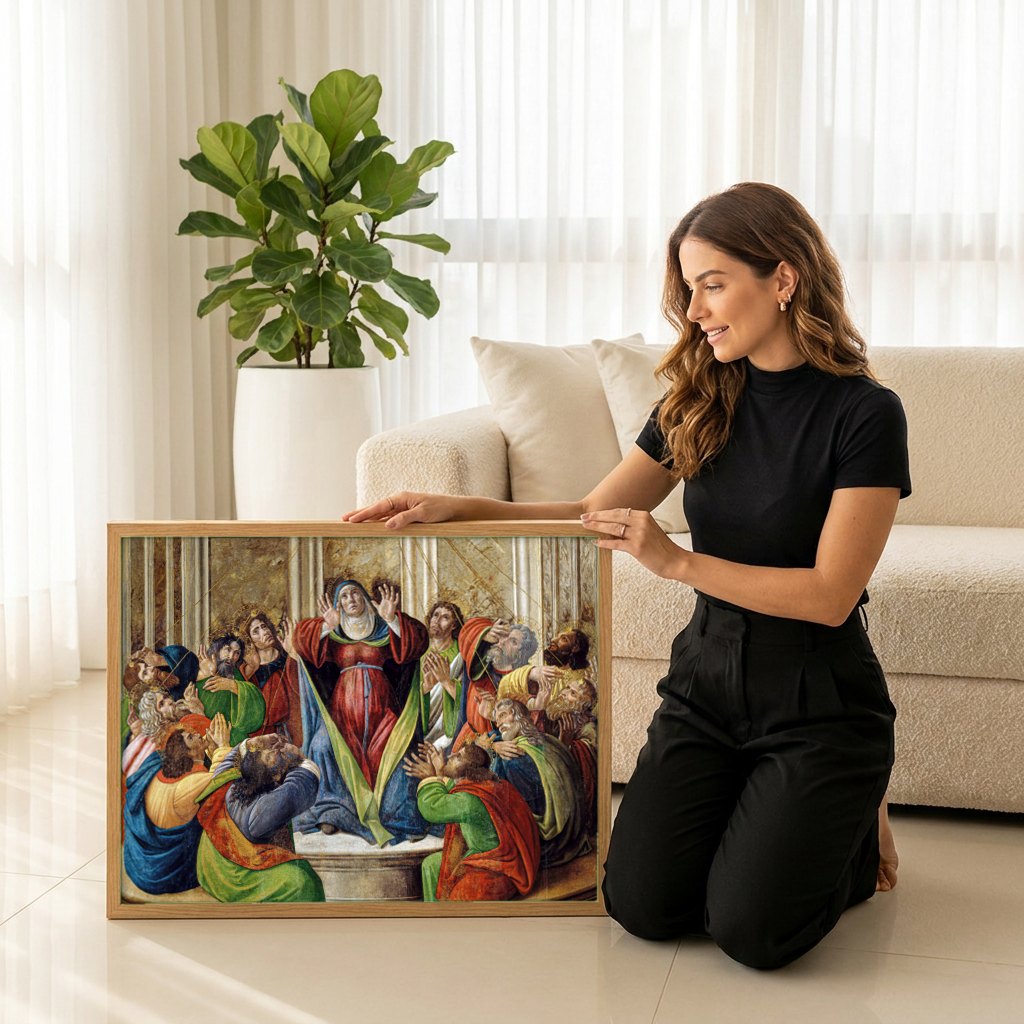 Quadro Decorativo Pentecostes - Botticelli | modelo apresentando o quadro emoldurado