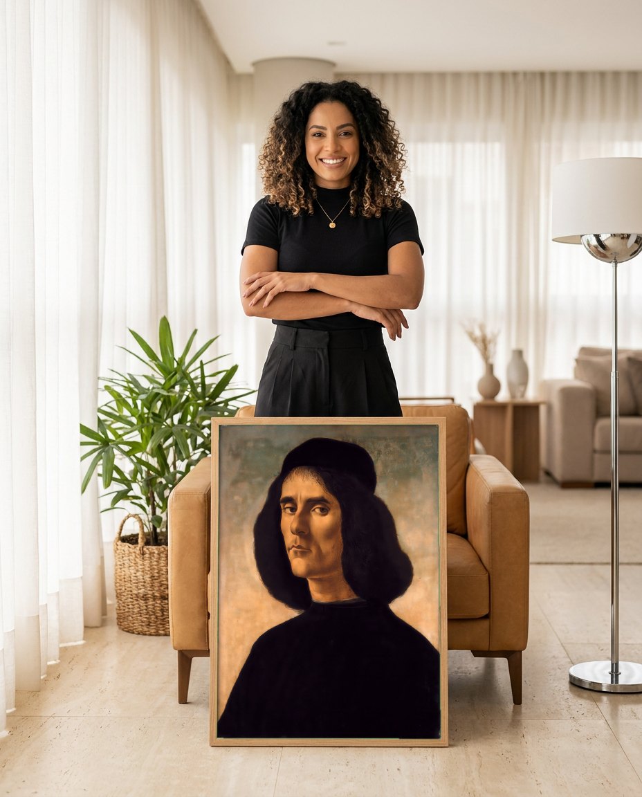 Quadro Decorativo Retrato de Jovem - Botticelli | modelo apresentando o quadro emoldurado